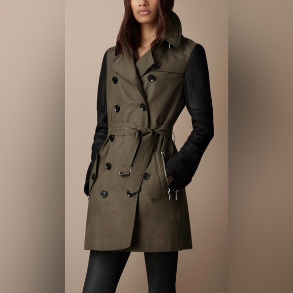 Burberry Brit Green Short Leather/Shearling Sleeve Cotton Trench Coat